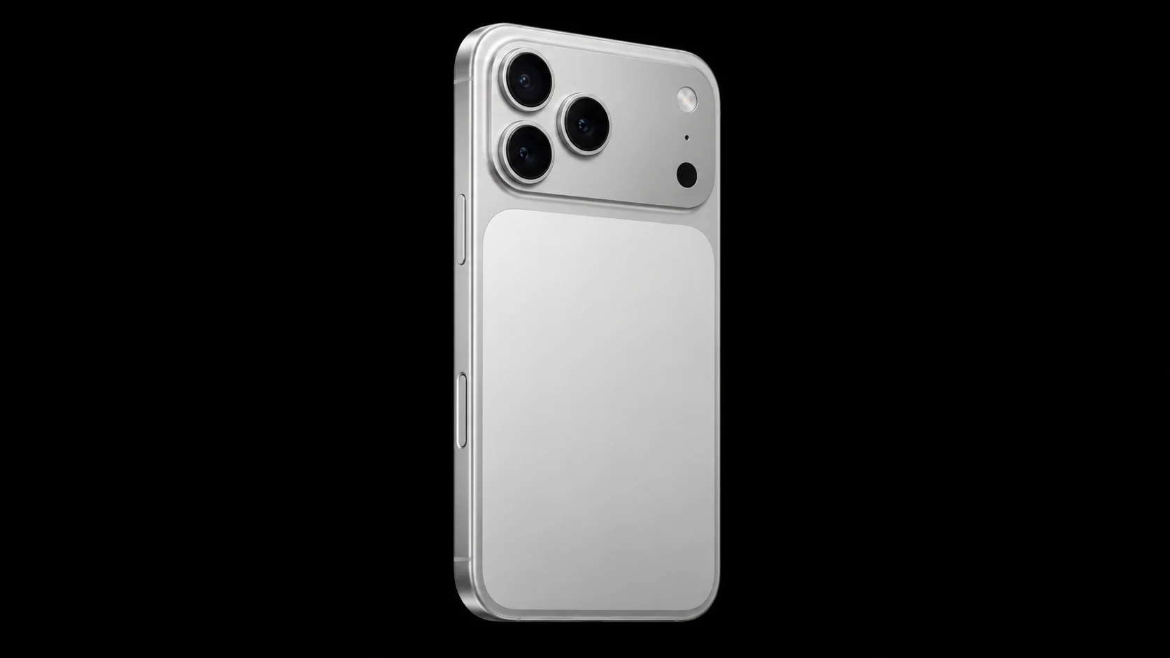 iPhone 17 Pro Max plateado visto desde atrás con tres cámaras